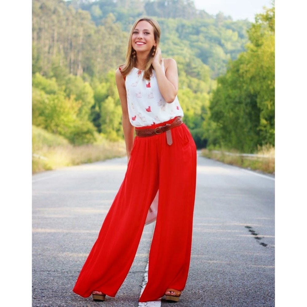 Les Copains Italy Scarlet Red Wide Leg Silk Palazzo Pants Size 8 - Picture 2 of 16